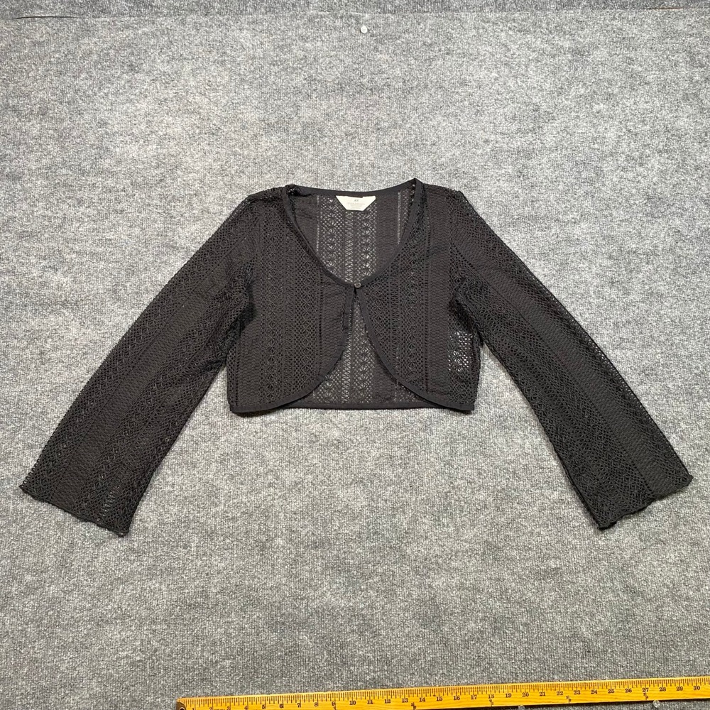 H&M Black Floral Lace Cropped Bolero Shrug Long‎ Bell Sleeve Top Size L 16/18